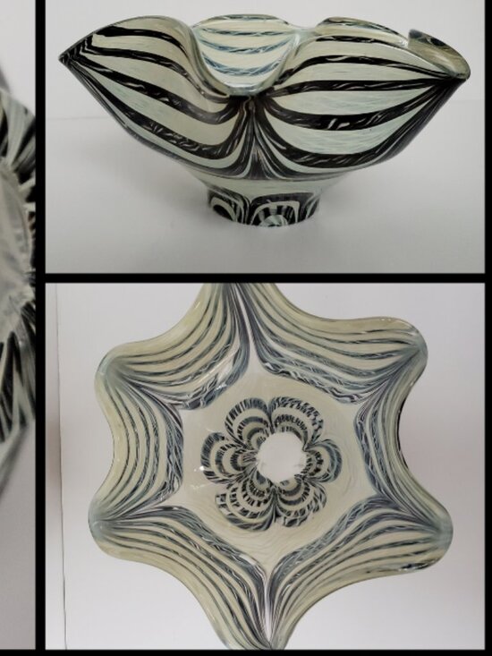 RARE STUNNING DESIGN Glass Bowl Ruffled Edge Brown & Ivory Striped Kaleidoscopic - Picture 1 of 10